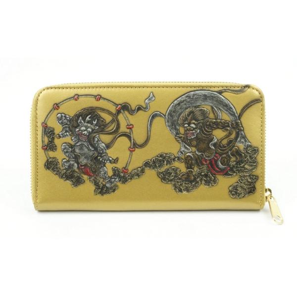 財布　牛革　長財布　ラウンドファスナー　風神雷神　浮き押し加工　ゴールド　日本製