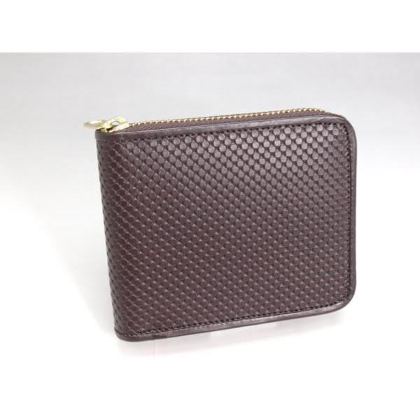 財布　二つ折り　ドット型押し　ラウンドファスナー　ブラウン　ユニセックス　日本製