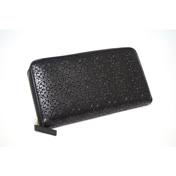 財布　牛革　長財布　ラウンドファスナー　幾何学模様　MEGA屯押し加工　ブラック　日本製