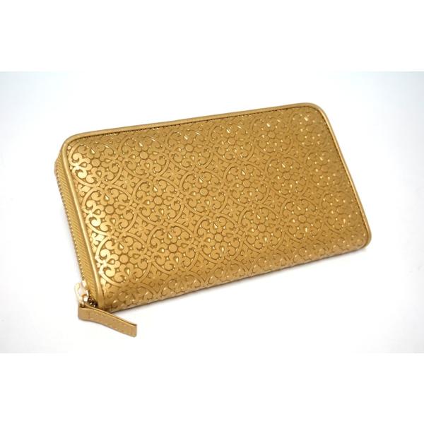 財布　牛革　長財布　ラウンドファスナー　幾何学模様　MEGA屯押し加工　ゴールド　日本製
