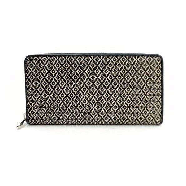 財布　印伝　鹿革　ディアスキンレザー　ラウンドファスナー　長財布　菱菊柄　黒地×ベージュ　日本製