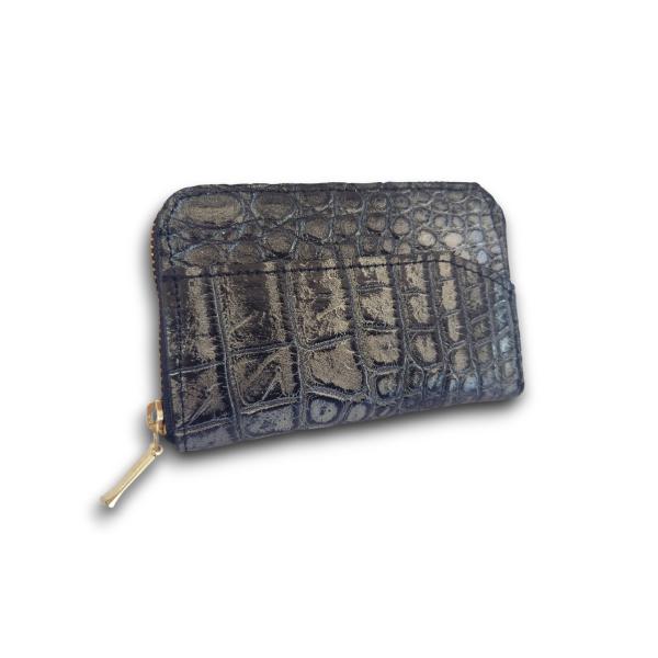 小銭入れ クロコダイル 本革 メンズ コインケース マット仕上げ 日本製 ブラック×ウォームシルバー