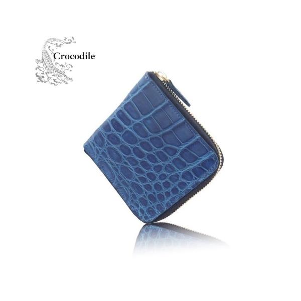 クロコダイルレザー ワニ革ラウンドファスナー 二つ折り財布 藍染 ジャパンブルー　日本製