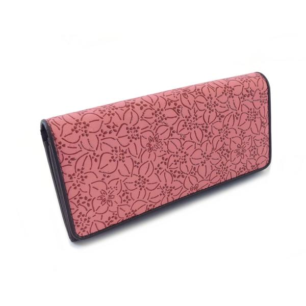 財布 長財布 印伝 ディアスキンレザー 鹿革 花水木柄 ハナミズキ柄 ピンク系 中L字ファスナー 日...