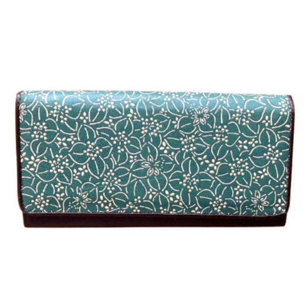 印伝 鹿革花水木柄 中L字ファスナー長財布　グリーン/ベージュ　日本製