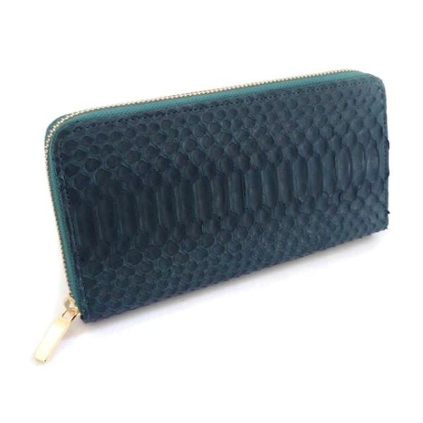 財布　錦ヘビ革 錦蛇 パイソンレザー　ラウンドファスナー 長財布 L字ファスナー　グリーン　緑　日本...