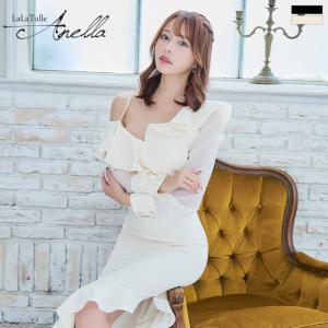 [Anella/アネラ] 韓国 ファッション レディース キャバドレス フリル ワンショルダー シースルー 長袖 タイト 膝丈 ワンピース