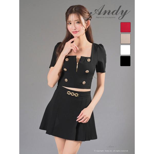 【取り寄せ商品】Andy アンディ 半袖 谷間見せ ウエストベルト スクエアネック プリーツ フレア...
