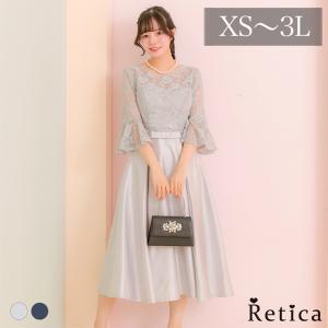 パーティードレス 結婚式 ドレス 50代 親族 大きいサイズ フォーマルドレス 膝丈 レース 大人 上品 フリル Aライン 紺 グレー レディース ワンピース