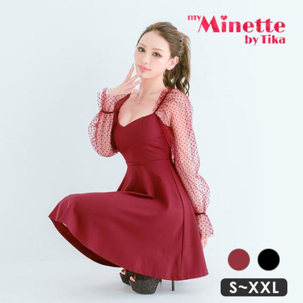 キャバドレス キャバ ドレス ミニドレス プチプラ 長袖 ストレッチ シースルー ドット柄 二の腕カ...