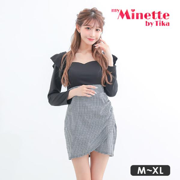 キャバドレス キャバ ドレス 長袖 フリル ギンガム チェック柄 ウエスト切替 タイト ミニドレス ...