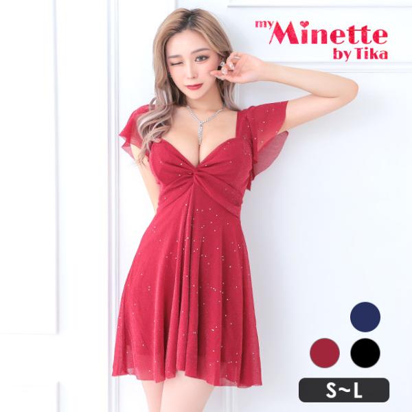 キャバドレス 半袖 フレア ミニドレス 着痩せ ミニワンピース レッド ネイビー ブラック ミニ ワ...