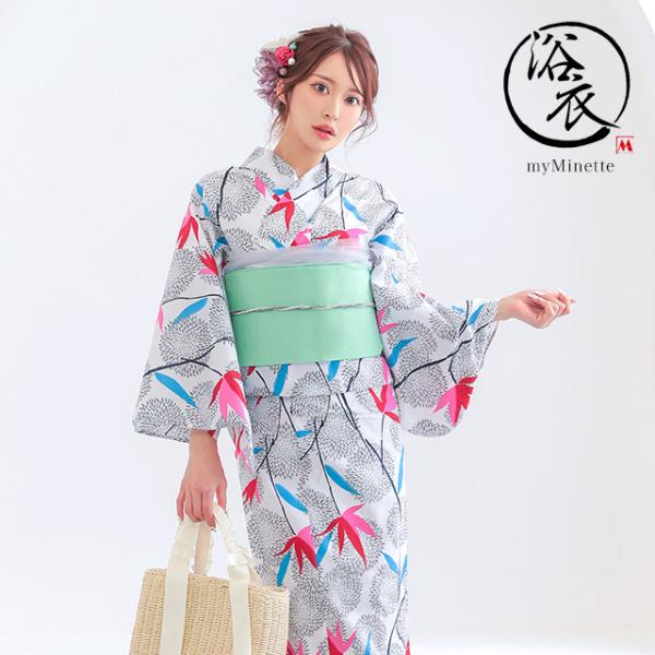 浴衣 レディース 20代 30代 40代 浴衣セット プチプラ 白色地 レトロ モダン 菊 紅葉 柄...