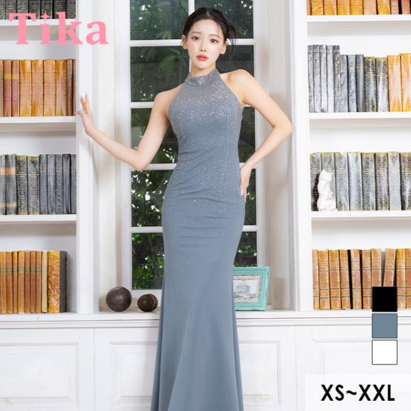 キャバドレス ロングドレス キラキラ ストーン ホルターネック ストレッチ タイトロングドレス xx...