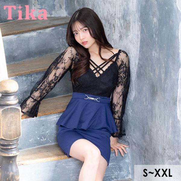 キャバ ドレス ミニドレス タイト 長袖 谷間 大きいサイズ レース 大人 ストレッチ バイカラー ...