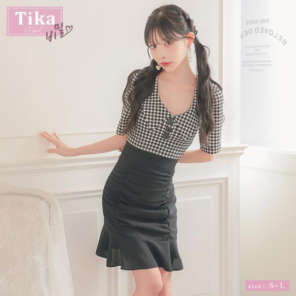 [TikaPimil] キャバドレス 襟付き 袖あり 五分袖 ギンガムチェック柄 切り替え ギャザー...