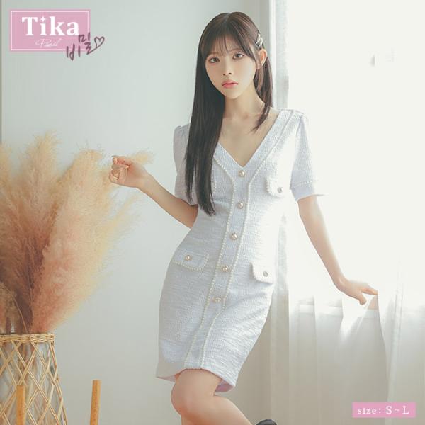 [TikaPimil] キャバドレス 袖あり Vネック 縁取りパールボタン デザインス トレッチ ニ...