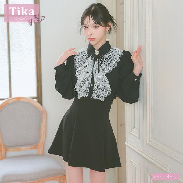 [TikaPimil] 韓国 キャバ ドレス リボン 襟 長袖 フレア aライン ミニドレス 大人 ...