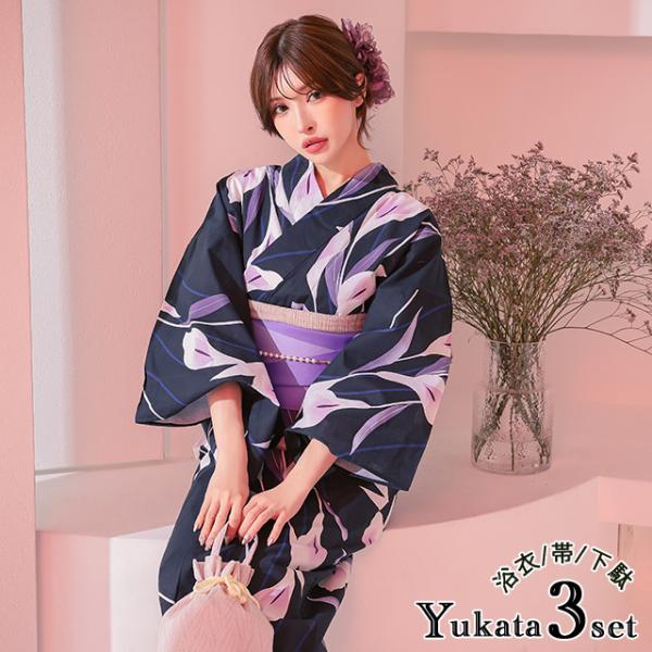 浴衣 レディース 20代 30代 40代 浴衣セット 安い セット レトロ 女性 花柄 菖蒲 ネイビ...