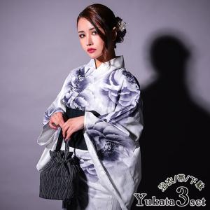 浴衣 レディース 50代 フリーサイズ セット 20代 40代 粋 グラデーション 大柄牡丹 白地 3点セット ゆかた 平帯 作り帯 下駄 夏着物