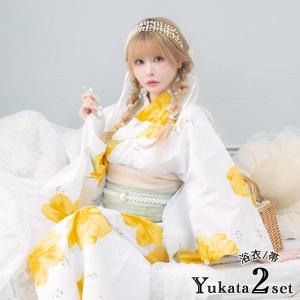 浴衣 レディース 白地 イエロー シャクナゲ ガーリー sweet 2点セット 兵児帯 20代 30代 40代