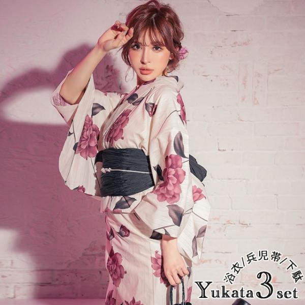 ゆかた 激安 レディース 3点セット レトロ 女性 花柄 ベージュ ブラウン  兵児帯 下駄 フリー...