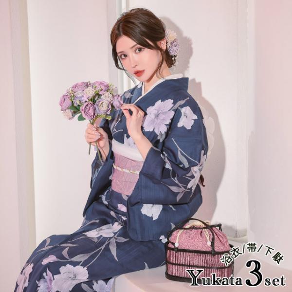 浴衣 レディース 50代 フリーサイズ セット 20代 40代 妖艶 紺地×水彩百合の花 ゆかた3点...