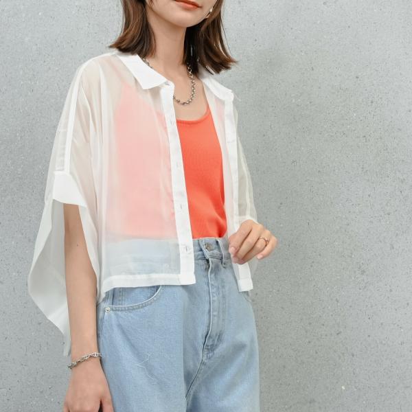 シアー　ショート丈シャツ　春夏　ドルマン　体型カバー　ゆったり　ブラウス　レディース　アウター　羽織...