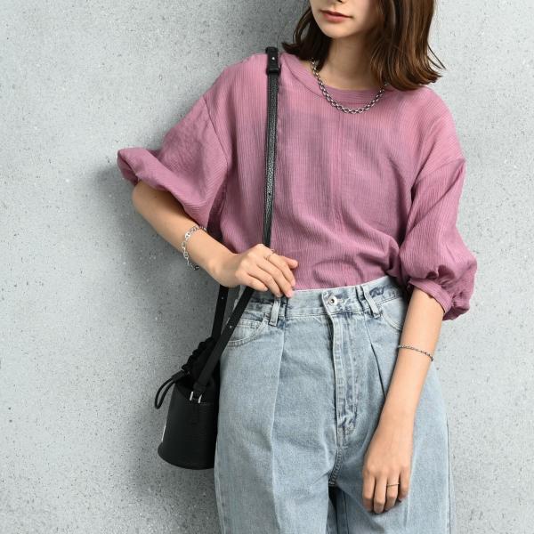 シアー　ストライプ　バルーンスリーブ　バックレース　ブラウス　ふんわり袖　ボリューム袖　可愛い　春夏...