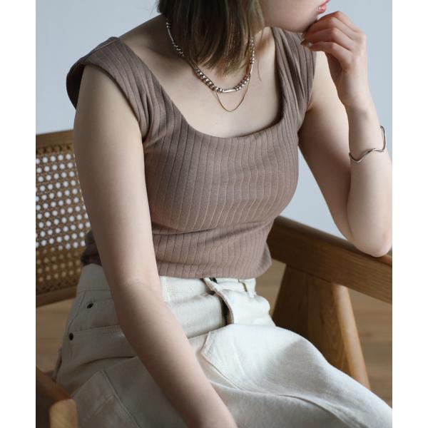 スクエアネック カップ付き リブ タンクトップ インナー ブラトップ 夏 下着 トップス カップイン