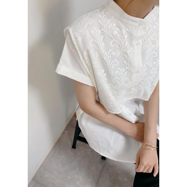 【Bab】レース バンドカラー 半袖 ブラウス シャツ スタンドカラー 春 夏 レイヤード風 デザイ...