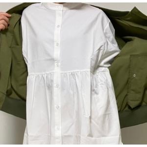 バンドカラー チュニックブラウス レディース トップス シンプル 白 ホワイト ウエスト ギャザー ...