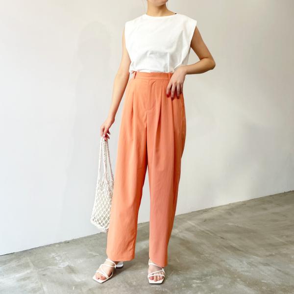 タック カラーパンツ テーパードパンツ ゆったり 春 夏 オレンジ カジュアル レディース ボトムス...