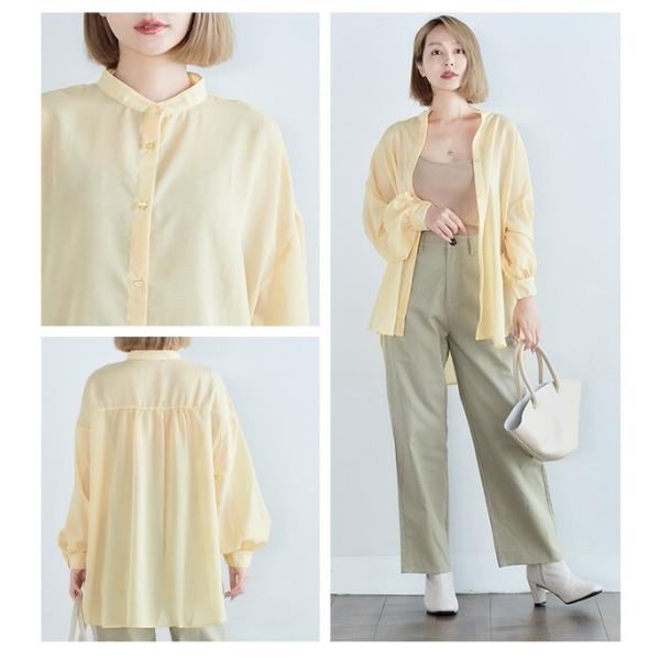 バルーンスリーブ カラー シアー シャツ バンドカラー トップス レディース アウター 羽織り イエ...