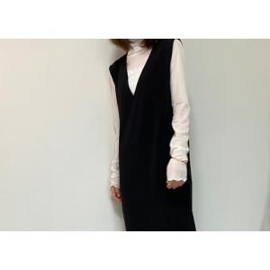 Vネック ジャンパースカート ブラック 黒 ワンピ ロングスカート オフィス スリット 体型カバー ...