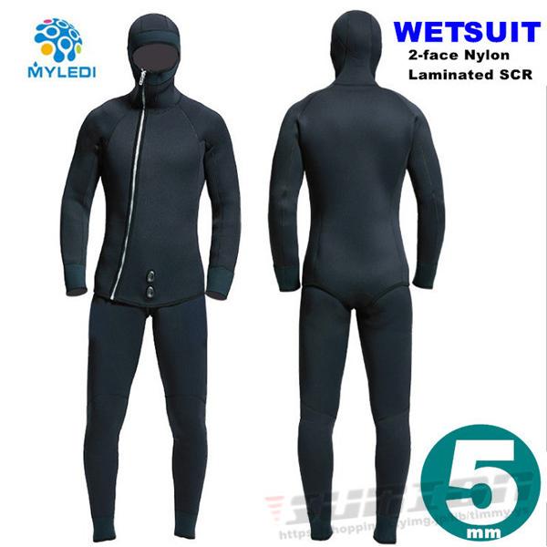 ウェットスーツ 5mm フード付き 2ピース ダイビング スピアフィッシング スキューバ フルスーツ...