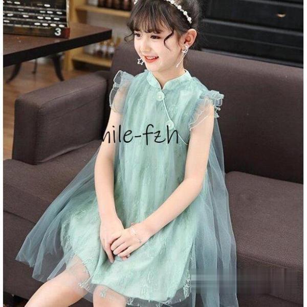 キッズ ワンピース チャイナドレス ワンピ 子供 ドレス フォーマル レース ロング フレアワンピー...