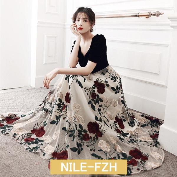 イブニングドレス 黒 ベロア ベルベット 刺繍 花柄 オシャレ キレイめ ドッキング チュール ロン...