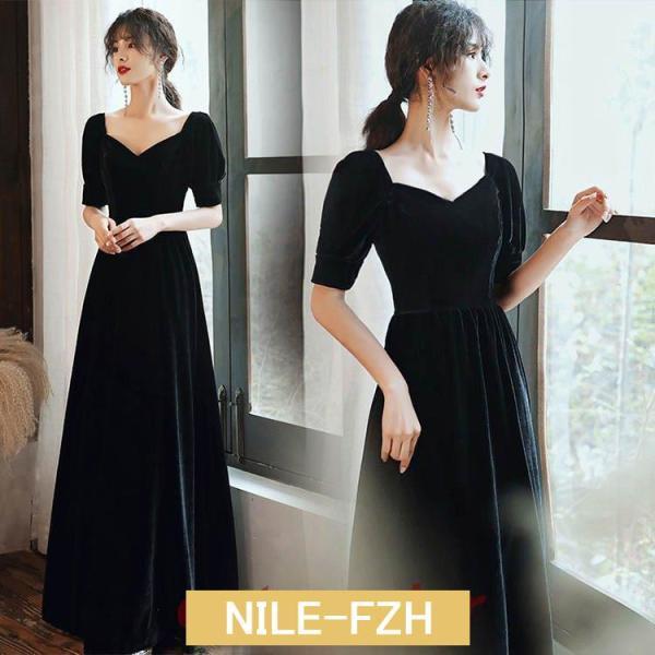 イブニングドレス 黒 ベロア ベルベット ロングドレス 結婚式ドレス 二次会ドレス 発表会ドレス パ...