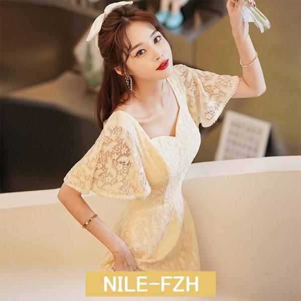 レースドレス シャンパン色 ミディアム丈 結婚式ドレス 二次会ドレス ワイン赤 白 ミモレ丈ドレス ...