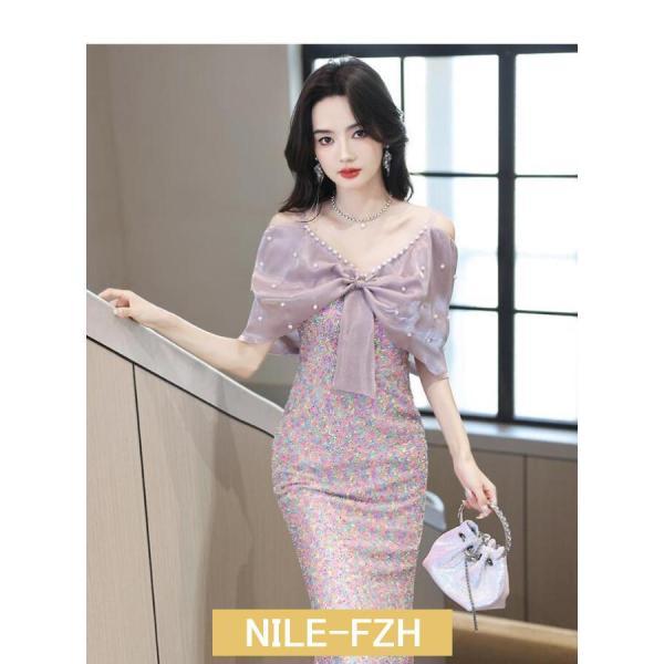 マーメイドドレス イブニングドレス オフショルダー パール 発表会ドレス タイトドレス パーティード...