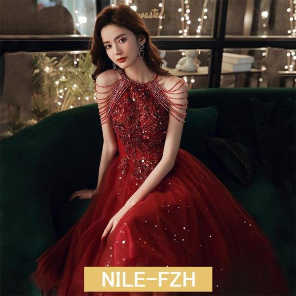 イブニングドレス ワイン赤 ミモレ丈ドレス 結婚式ドレス 二次会ドレス ロングドレス 発表会ドレス ...