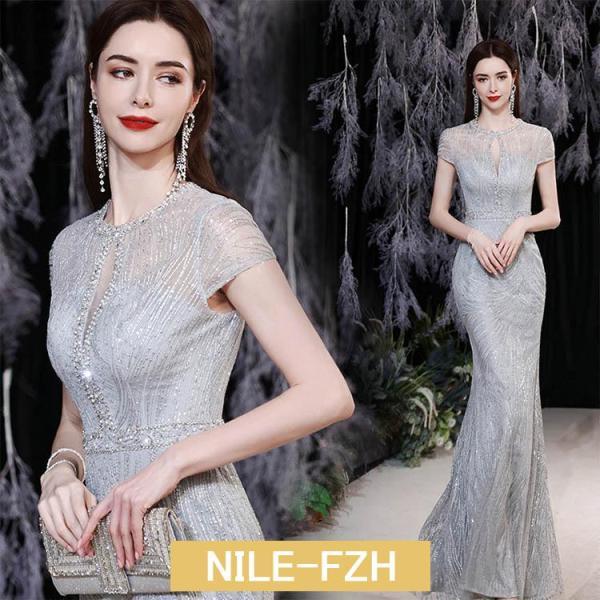 マーメイドドレス グレー ロングドレス イブニングドレス マーメイドライン スパンコール 発表会ドレ...