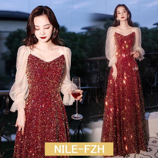 結婚式ドレス 二次会ドレス ワイン赤 ロング丈 キラキラ スパンコール ロングドレス 発表会ドレス ...
