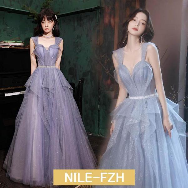 ロングドレス イブニングドレス オフショルダー パープル ブルー キャミドレス 発表会ドレス スパン...