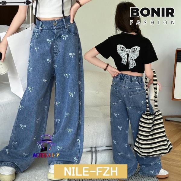 キッズ デニムパンツ リボン柄 可愛い 女の子 韓国子供服 へそ出し トップス リボン 半袖 k-p...