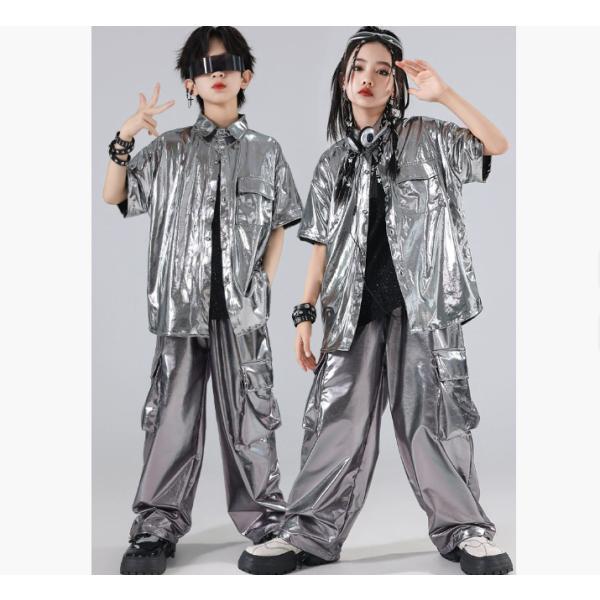 シルバー シャツ 半袖 キッズ ダンス衣装 ヒップホップ 光沢 トップス 黒 カーゴパンツ かっこい...
