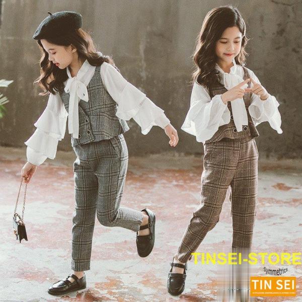 スーツ キッズ 女の子 フォーマル 子供服 スーツセット ベスト+パンツ+シャツ 韓国子供服 上下セ...