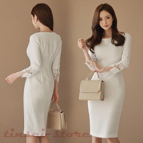 ワンピースドレス レディース 40代 春秋 きれいめ 膝丈ワンピース レースドレス 長袖タイトスカー...