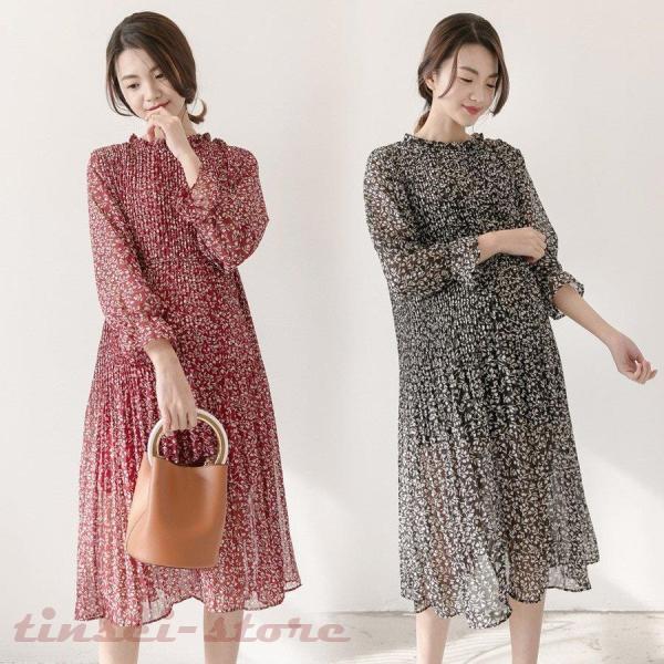 マタニティー ワンピース レディース 春夏 長袖 きれいめ 膝丈ワンピース 花柄 フレアシフォンワン...